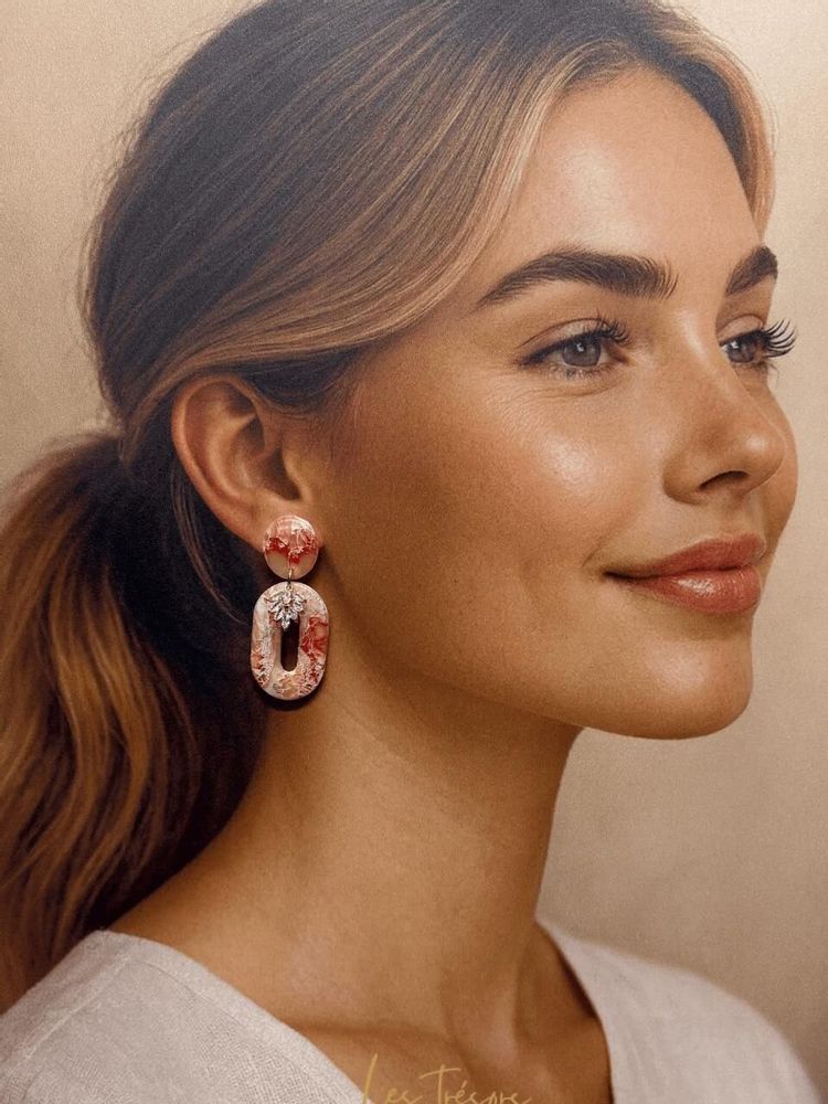 Jewelry - Pink Sparkle” Earrings, Coral Marbled & Crystal Gold - LES TRÉSORS DE CIA