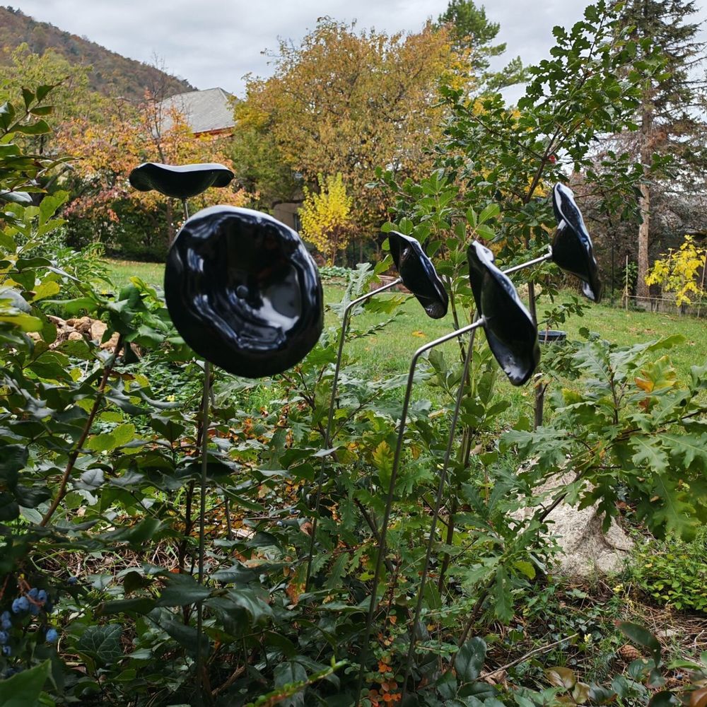 Floral decoration - Medium size funnel shaped glass flower for outdoor use in black colour with 1 meter stainless steel stem - CARNEOL GLASS
