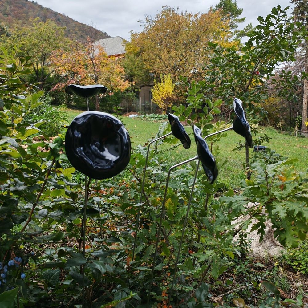 Floral decoration - Medium size funnel shaped glass flower for outdoor use in black colour with 1 meter stainless steel stem - CARNEOL GLASS
