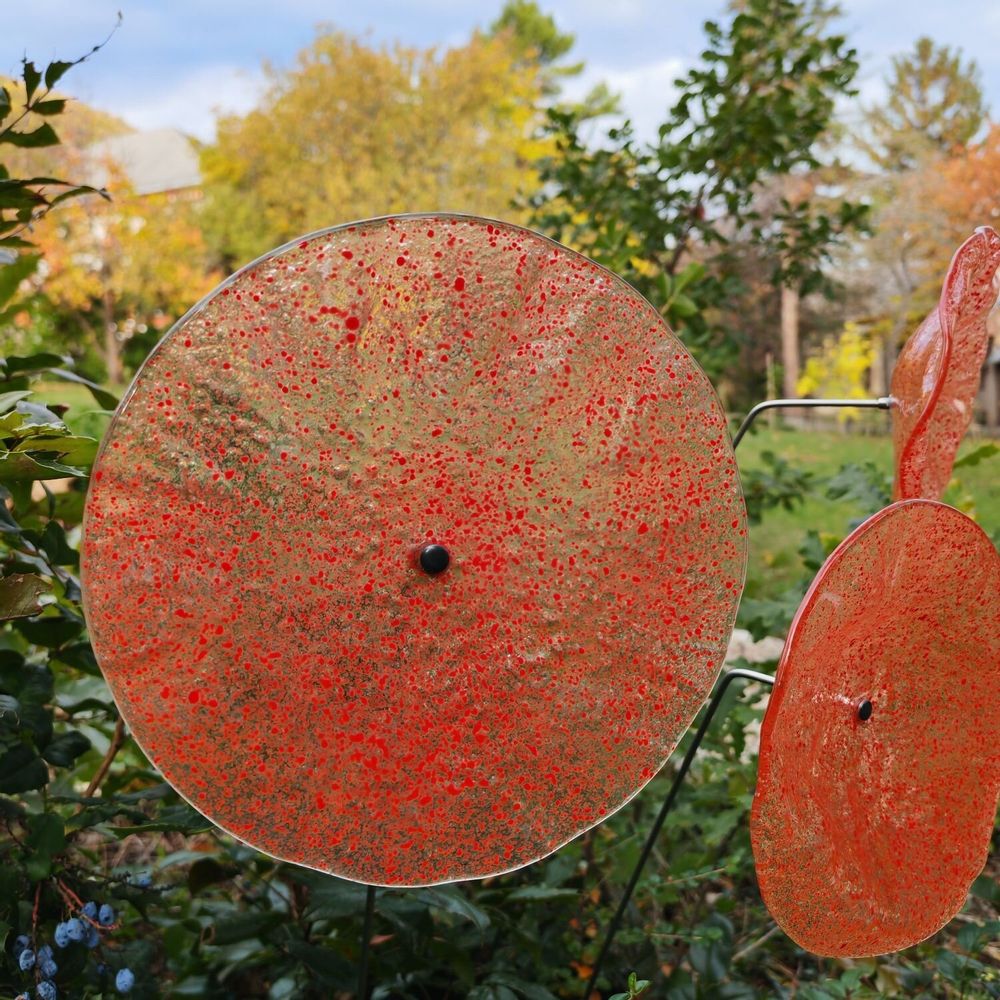 Floral decoration - Large size glass flower for outdoor use in transparent, orange, red colour with 1 meter stainless steel stem - CARNEOL GLASS