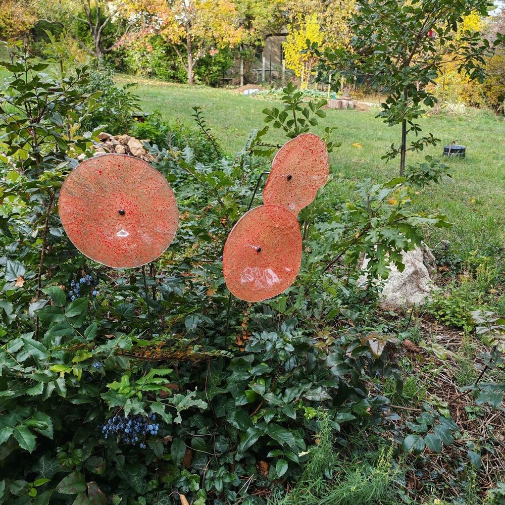 Floral decoration - Large size glass flower for outdoor use in transparent, orange, red colour with 1 meter stainless steel stem - CARNEOL GLASS