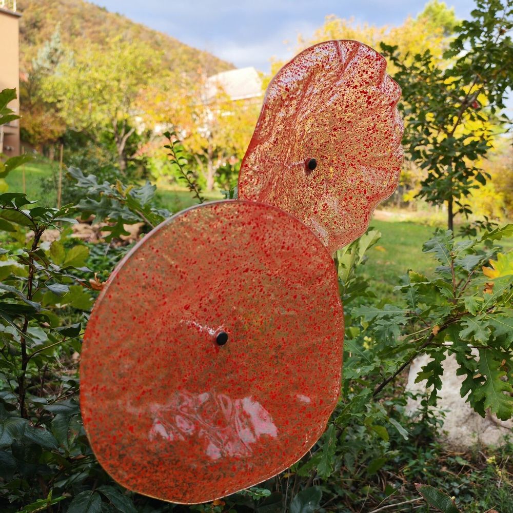 Floral decoration - Large size glass flower for outdoor use in transparent, orange, red colour with 1 meter stainless steel stem - CARNEOL GLASS