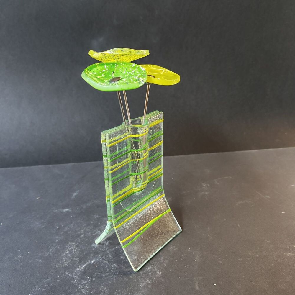 Vases - Petit vase transparent 8x13 cm à rayures vert pomme et avec 3 petites fleurs - CARNEOL GLASS
