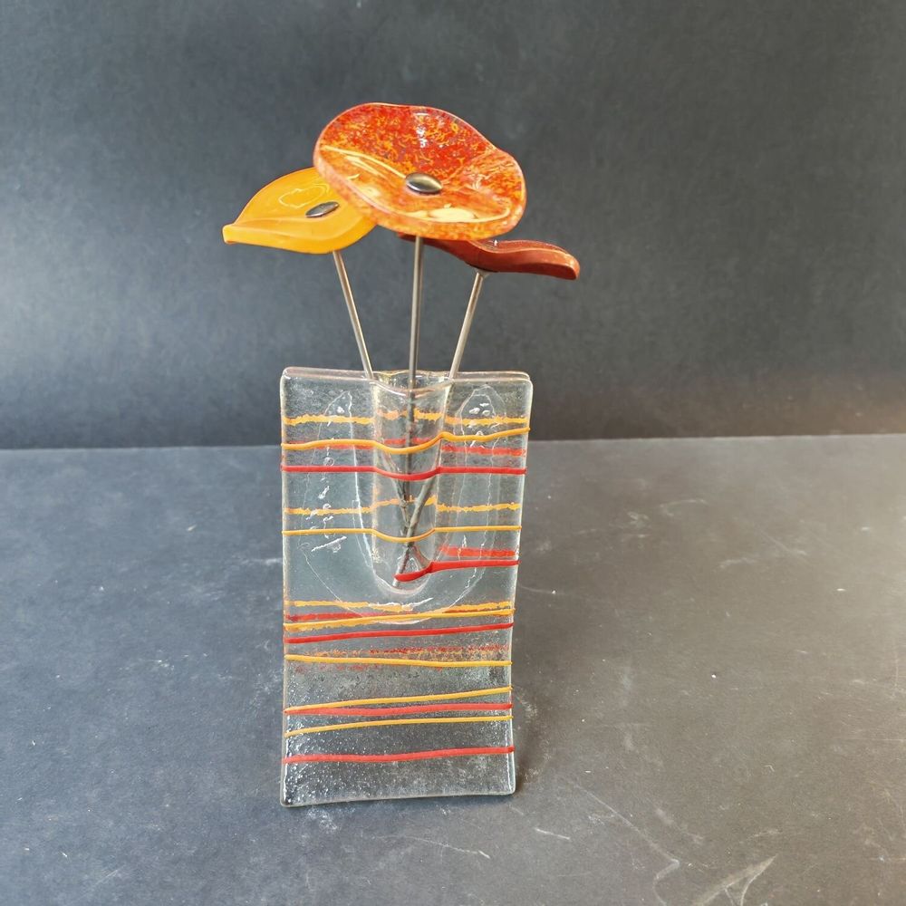 Vases - Petit vase serti de 3 fleurs en transparent-rouge-orange - CARNEOL GLASS