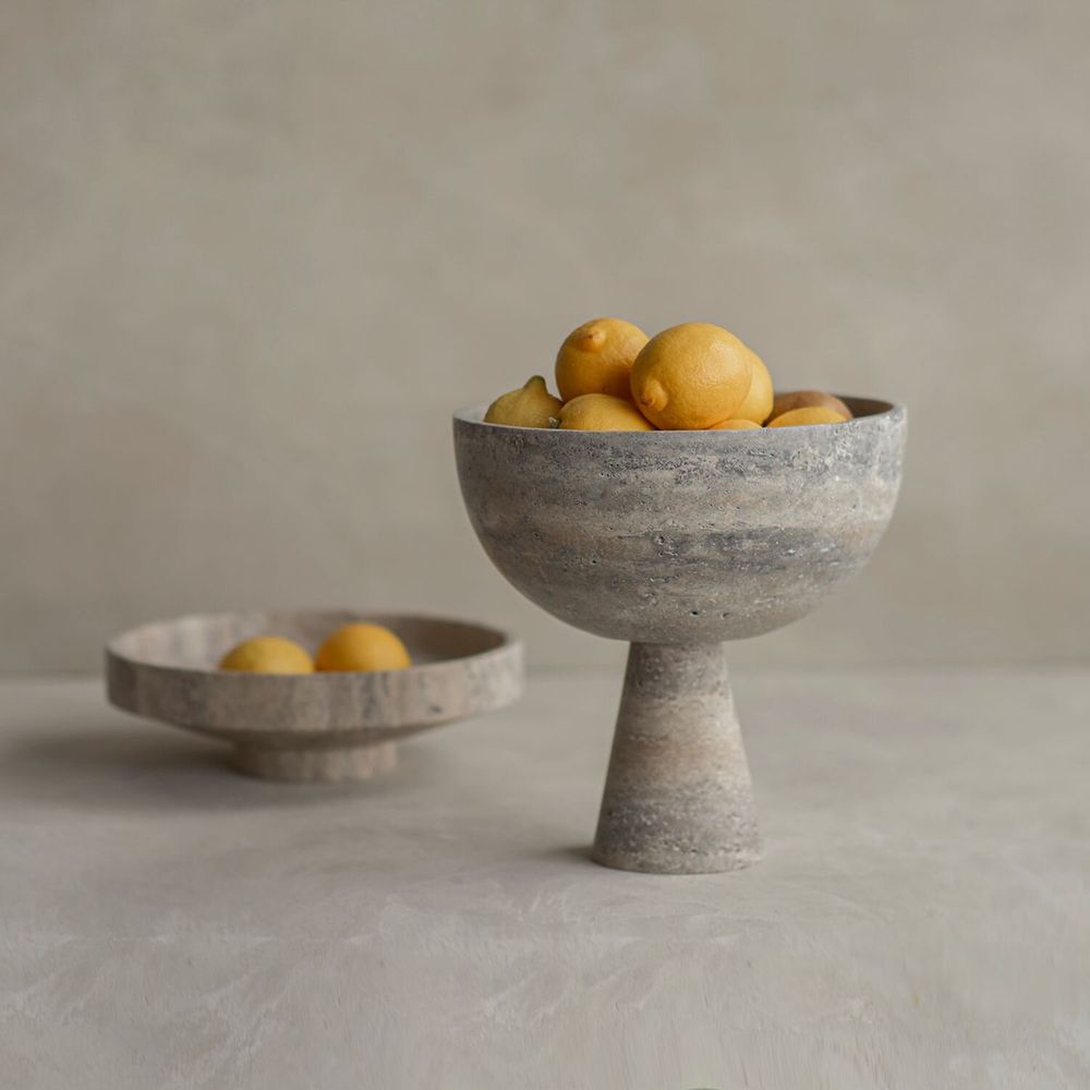 Plats et saladiers - SILVER TRAVERTINE PEDESTAL BOWL XL - KIWANO CONCEPT
