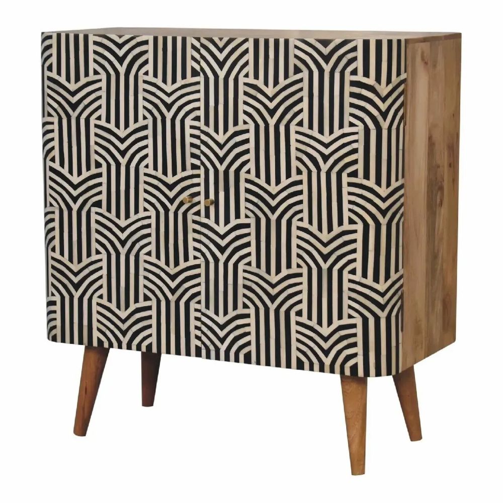 Sideboards - Artisan Furniture Solid Wood Edessa Bone Inlay Oak-ish Cabinet, 2 Shelves, Nordic Legs, Black and White Pattern, Brown - ARTISAN FURNITURE