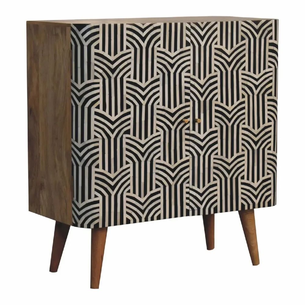 Sideboards - Artisan Furniture Solid Wood Edessa Bone Inlay Oak-ish Cabinet, 2 Shelves, Nordic Legs, Black and White Pattern, Brown - ARTISAN FURNITURE
