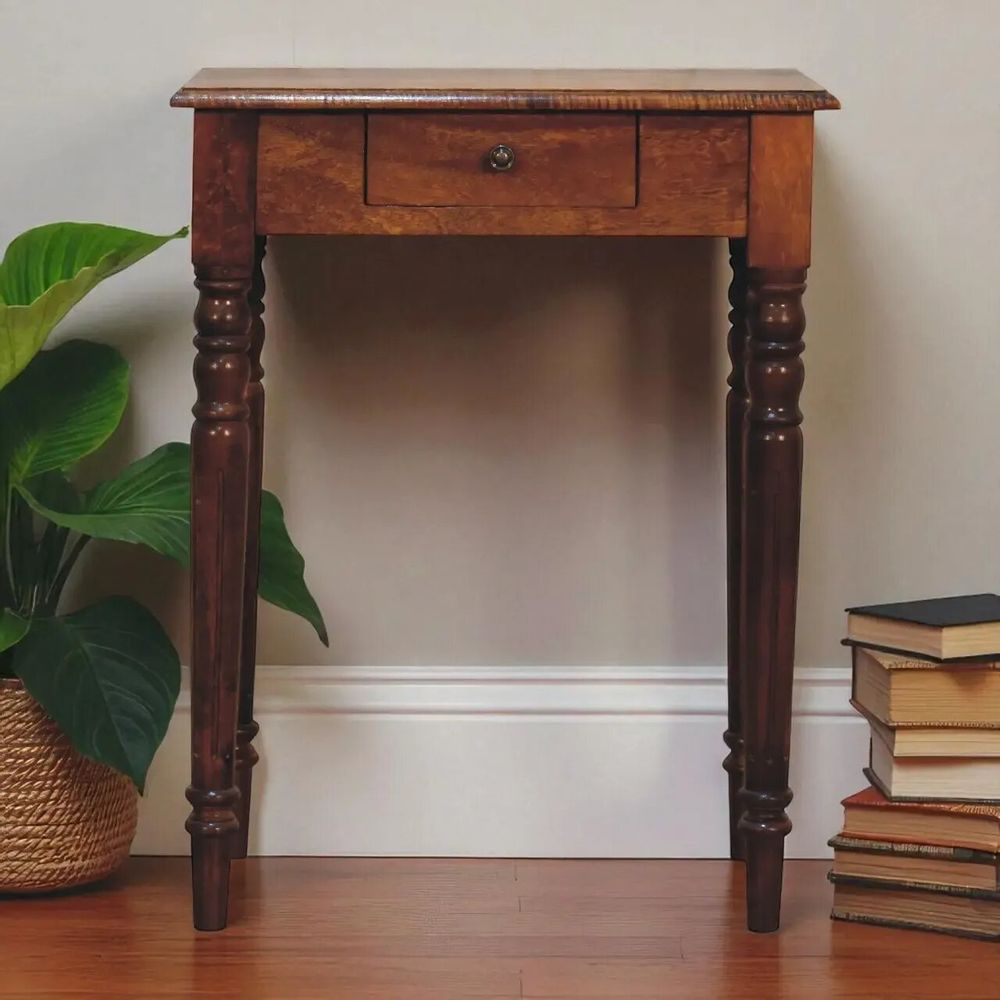 Desks - Artisan Furniture Solid Wood Chestnut Turned Leg Writing Desk, 1 Drawer, Dark Brown - ARTISAN FURNITURE