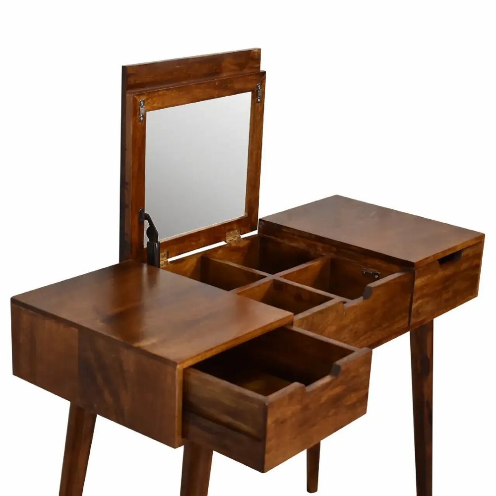 Other tables - Artisan Furniture Solid Wood Chestnut Foldable Mirror Table, 2 Drawers, 4 Storage Compartments with mirror, Dark Brown - ARTISAN FURNITURE