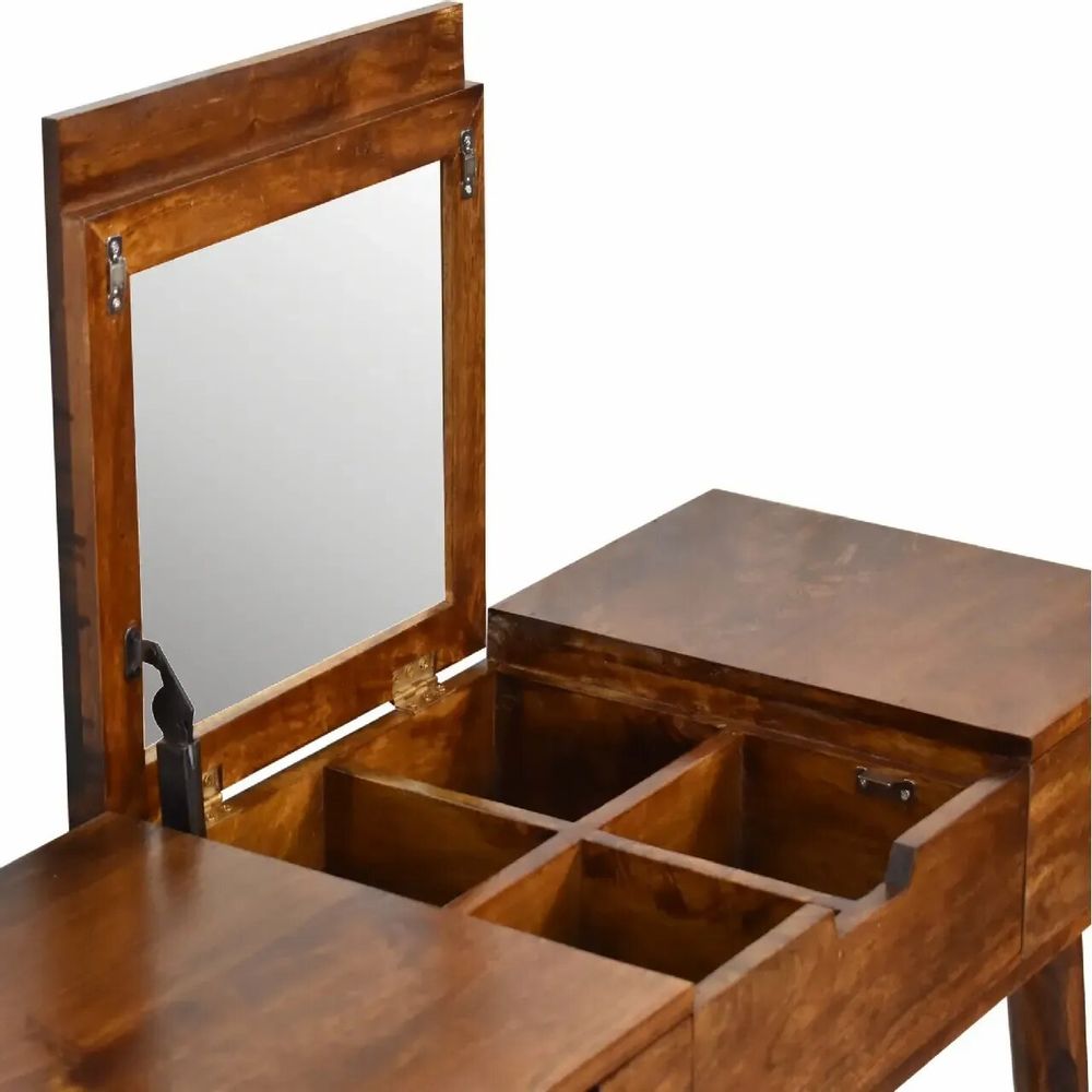 Other tables - Artisan Furniture Solid Wood Chestnut Foldable Mirror Table, 2 Drawers, 4 Storage Compartments with mirror, Dark Brown - ARTISAN FURNITURE