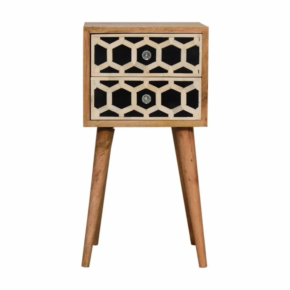 Night tables - Artisan Furniture Solid Wood Mini Bone Inlay Pattern 2 Drawers Nightstand, Oak - ARTISAN FURNITURE