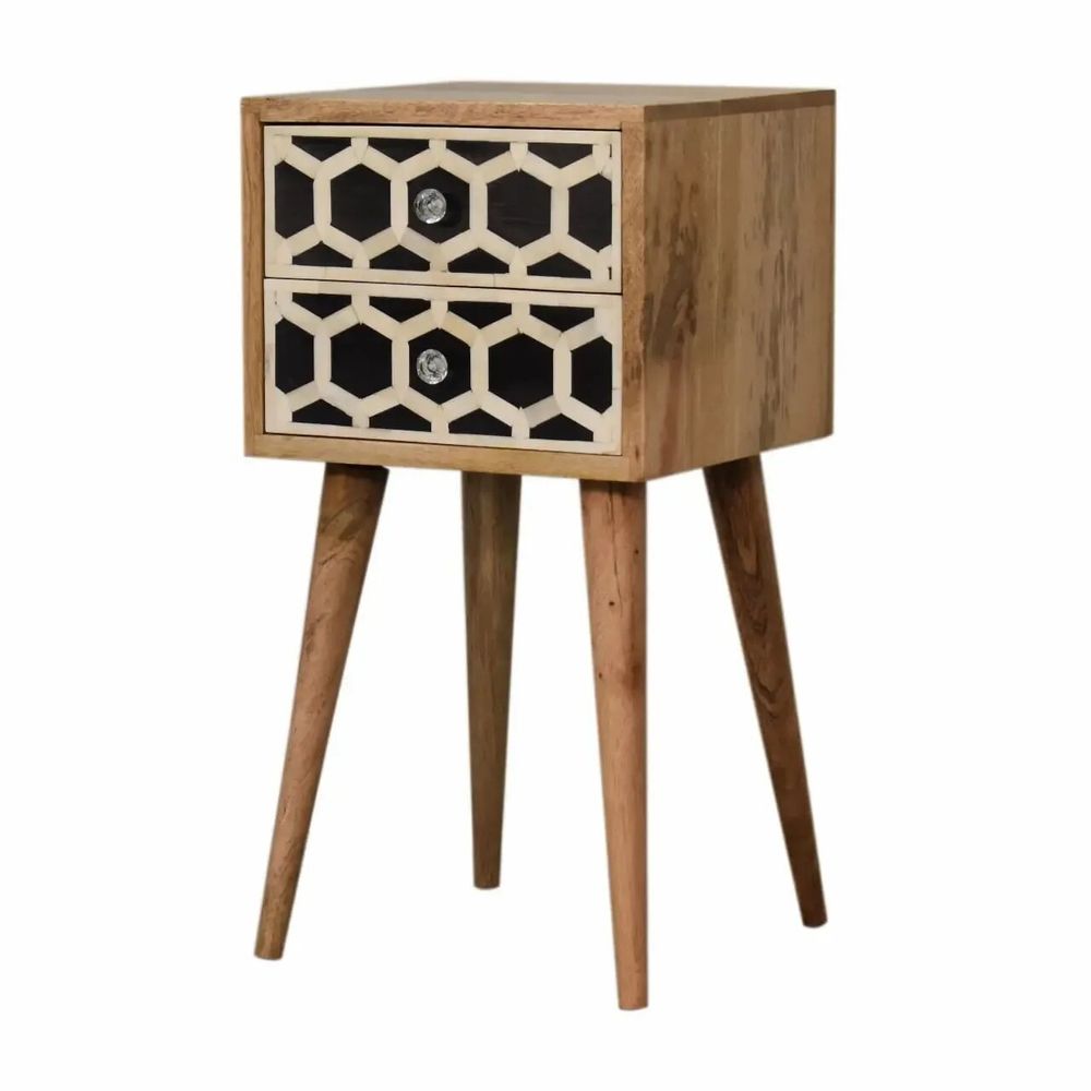 Night tables - Artisan Furniture Solid Wood Mini Bone Inlay Pattern 2 Drawers Nightstand, Oak - ARTISAN FURNITURE