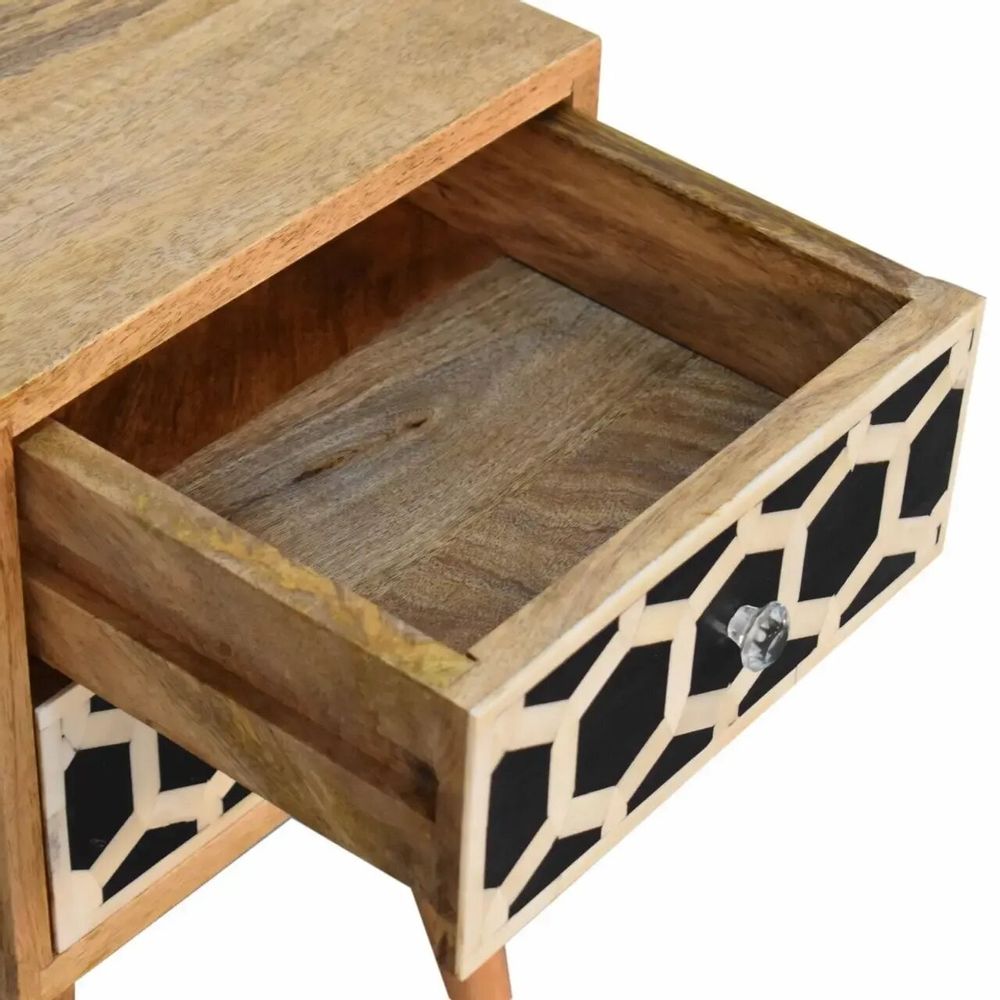 Night tables - Artisan Furniture Solid Wood Mini Bone Inlay Pattern 2 Drawers Nightstand, Oak - ARTISAN FURNITURE