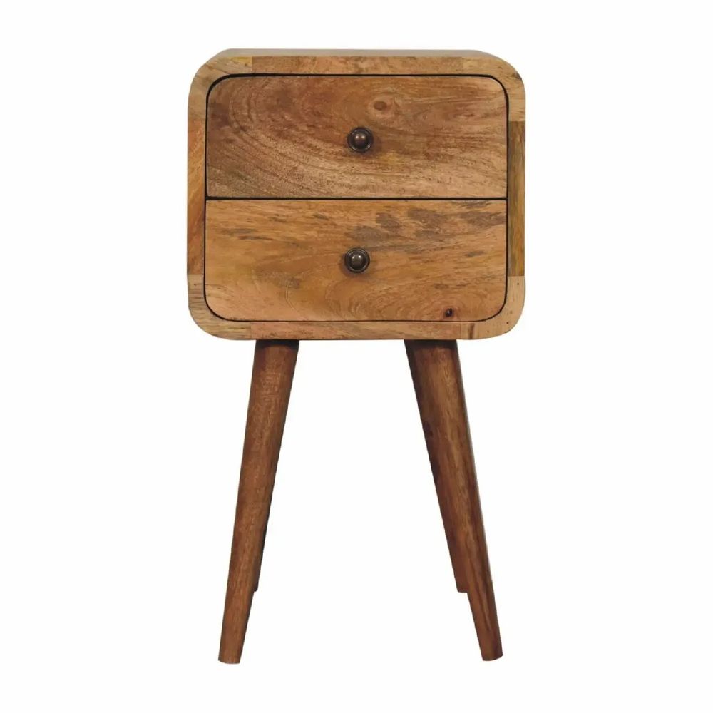 Night tables - Artisan Furniture Solid Wood Mini Oak-ish Curved Nightstand, 2 Drawers, Beige - ARTISAN FURNITURE