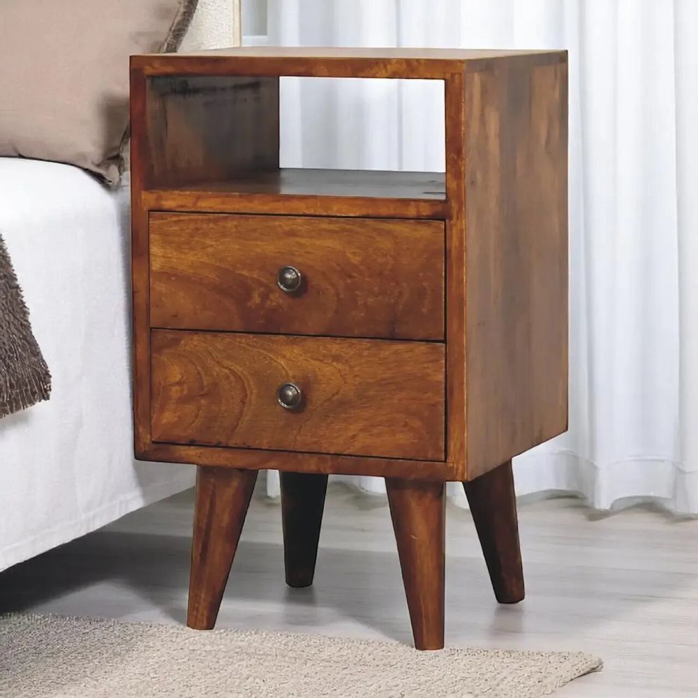 Night tables - Artisan Furniture Solid Wood Mini Classic Chestnut Nightstand, 2 Drawers and Open Slot, Dark Brown - ARTISAN FURNITURE