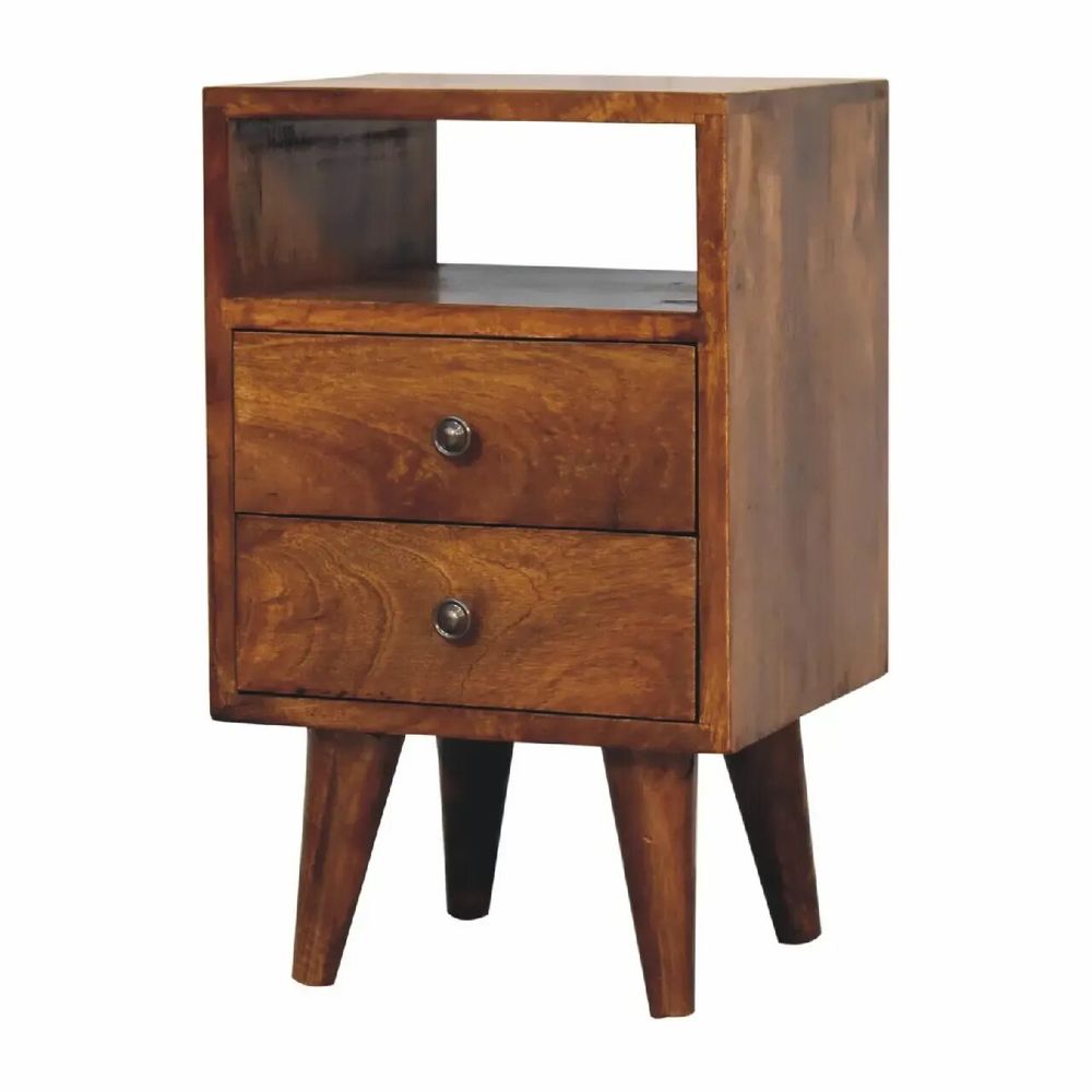 Night tables - Artisan Furniture Solid Wood Mini Classic Chestnut Nightstand, 2 Drawers and Open Slot, Dark Brown - ARTISAN FURNITURE