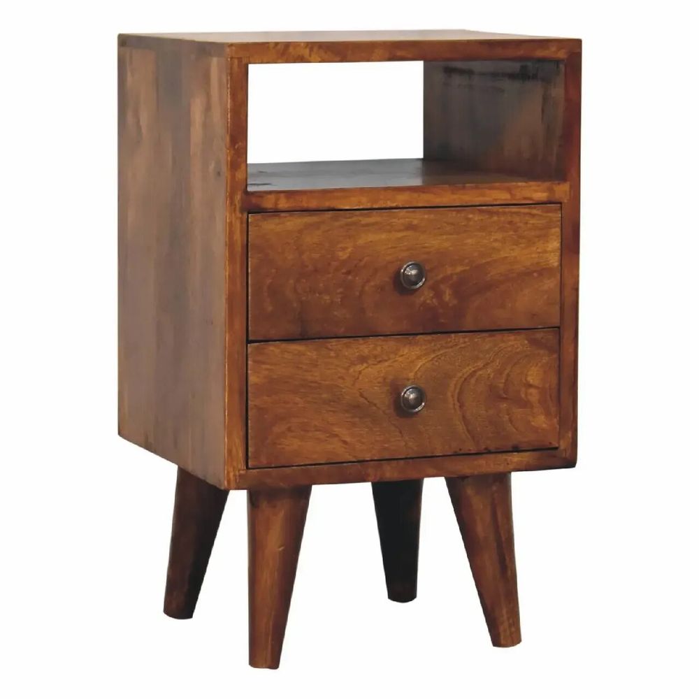 Night tables - Artisan Furniture Solid Wood Mini Classic Chestnut Nightstand, 2 Drawers and Open Slot, Dark Brown - ARTISAN FURNITURE