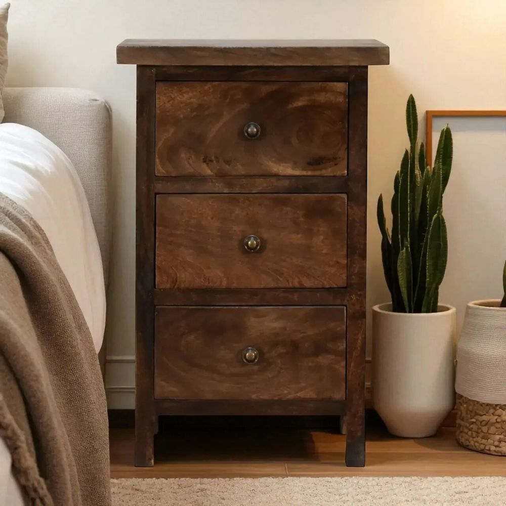 Night tables - Artisan Furniture Solid Wood Mini Classic Grey Country Nightstand, 3 Drawers, Dark Brown - ARTISAN FURNITURE