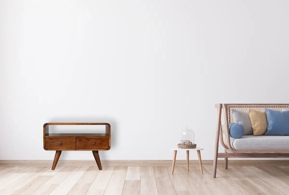 Meubles TV - Artisan Furniture en bois massif Mini Commodenut Courbé Meuble TV, 2 Tiroirs et Niche ouverte, Marron Foncé - ARTISAN FURNITURE