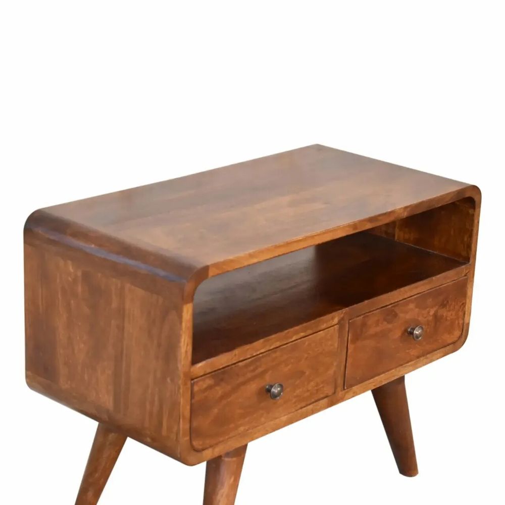 Meubles TV - Artisan Furniture en bois massif Mini Commodenut Courbé Meuble TV, 2 Tiroirs et Niche ouverte, Marron Foncé - ARTISAN FURNITURE