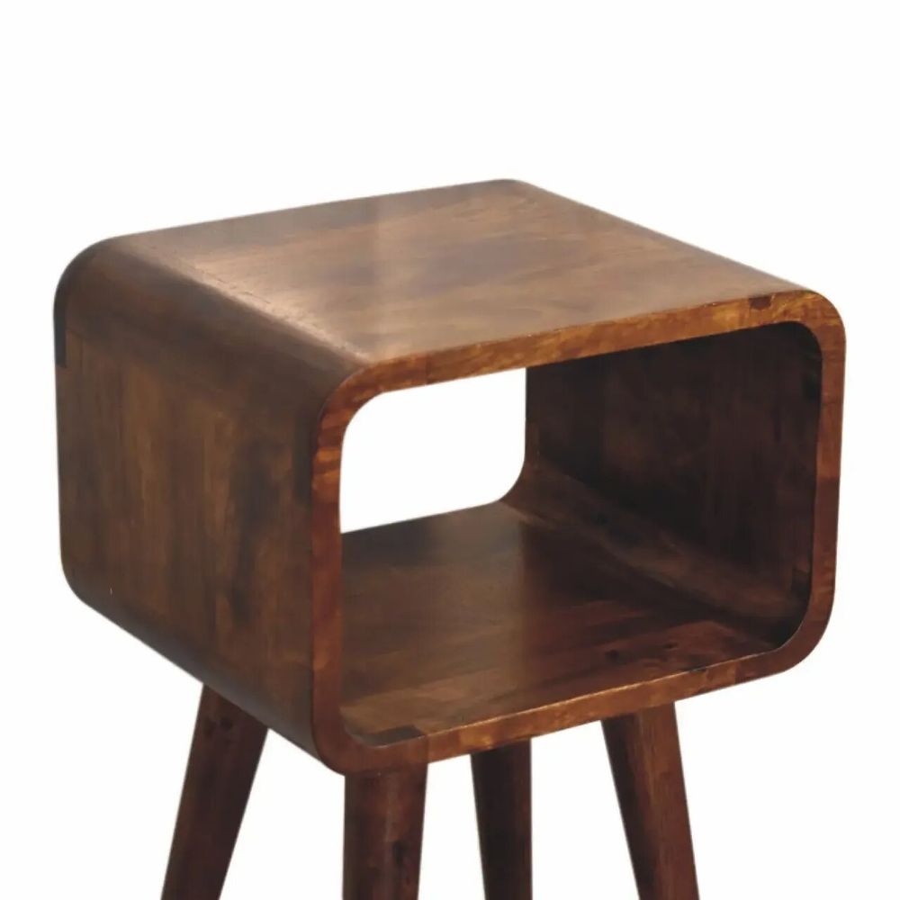 Night tables - Artisan Furniture Solid Wood Mini Curved Chestnut Nightstand, Open Shelf, Dark Brown - ARTISAN FURNITURE