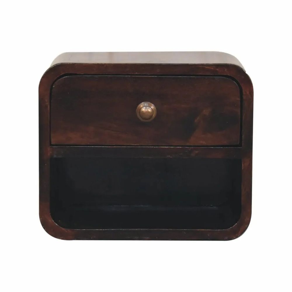 Night tables - Artisan Furniture Solid Wood Mini Curved California Walnut Wall Mounted Nightstand with Open Slot, 1 Drawer, Dark Brown - ARTISAN FURNITURE