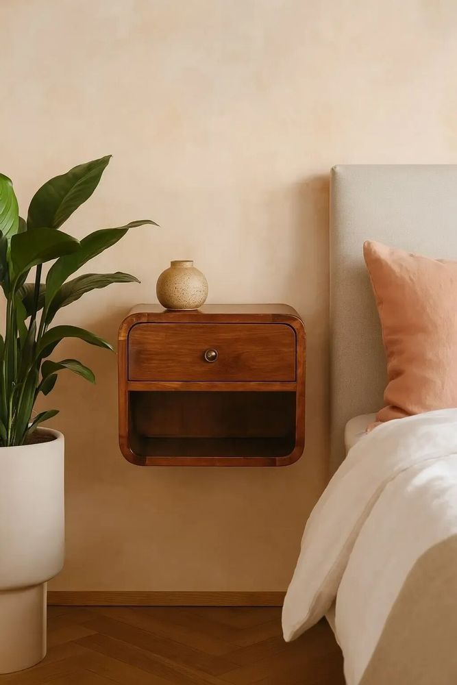 Tables de nuit - Artisan Furniture en bois massif Mini Courbe Suspendu Table de chevet, 1 Tiroir et Niche ouverte, Marron Foncé - ARTISAN FURNITURE