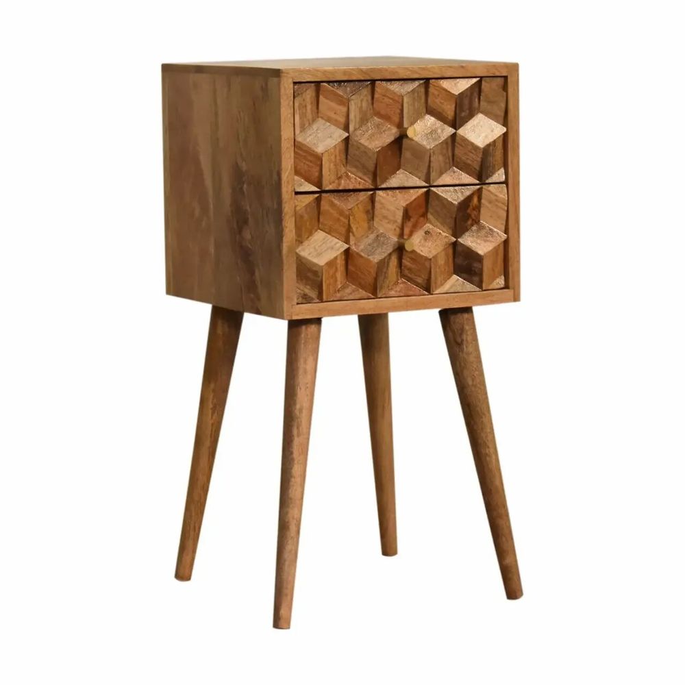 Tables de nuit - Artisan Furniture en bois massif Mini Cube Carved 2 Tiroir Table de chevet, Marron - ARTISAN FURNITURE