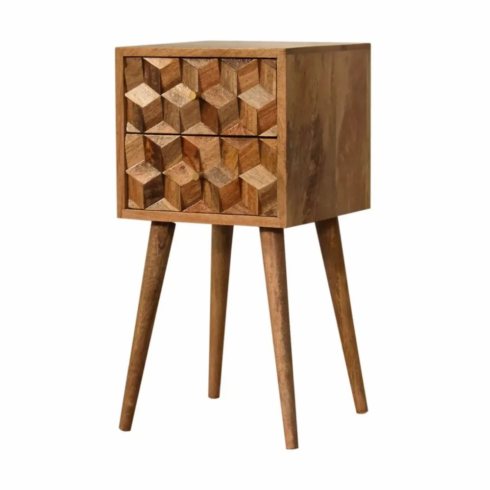 Tables de nuit - Artisan Furniture en bois massif Mini Cube Carved 2 Tiroir Table de chevet, Marron - ARTISAN FURNITURE