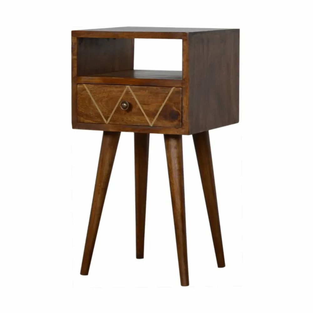 Night tables - Artisan Furniture Solid Wood Mini Geo Brass Nightstand, 1 Drawer and Open Shelf, Dark Brown - ARTISAN FURNITURE