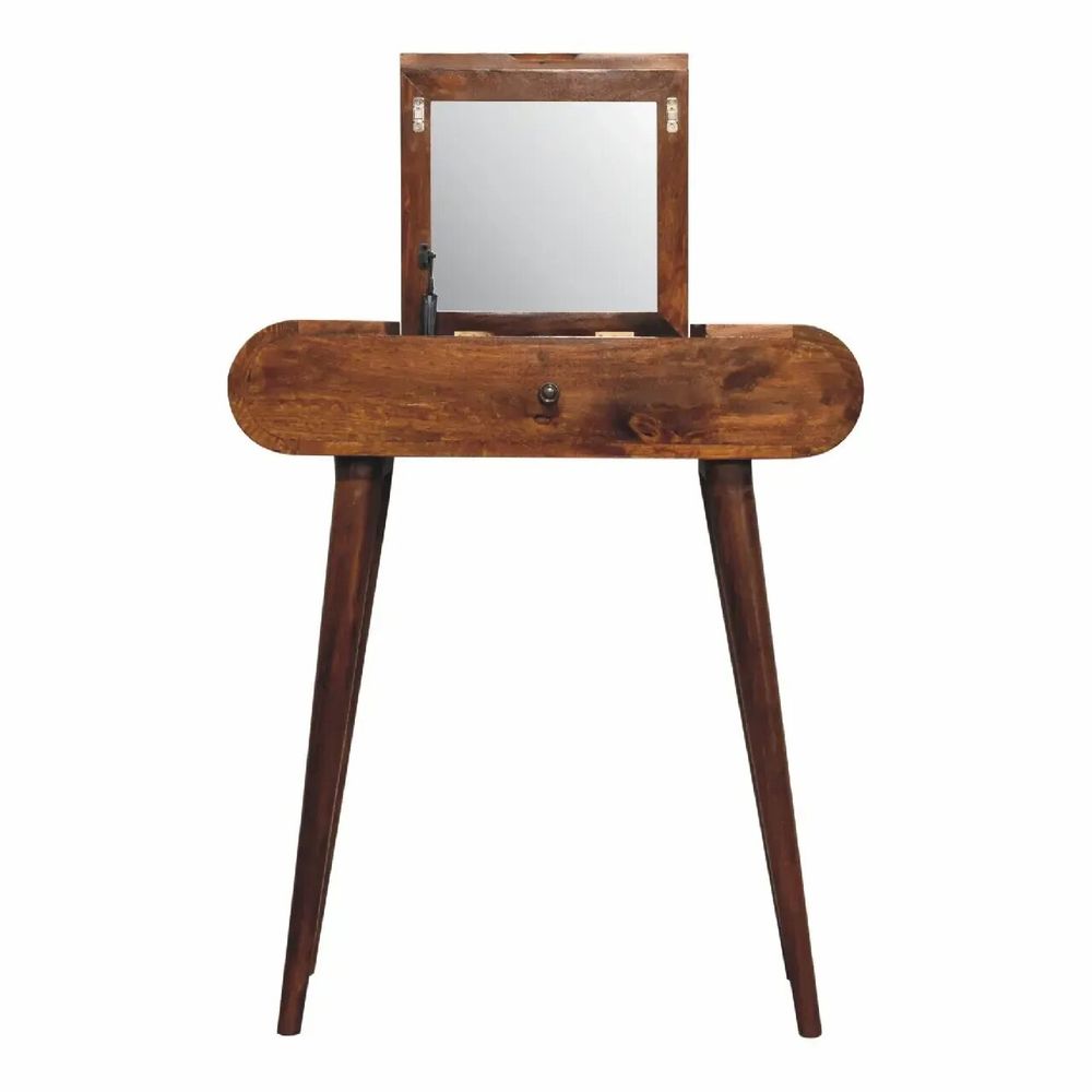 Autres tables  - Artisan Furniture en bois massif Mini Rond Commodenut coiffeuse pliante, 4 Rangement Compartments avec Miroir, Marron Foncé - ARTISAN FURNITURE