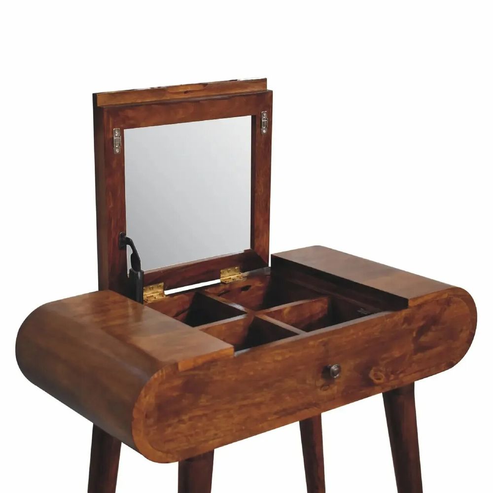 Autres tables  - Artisan Furniture en bois massif Mini Rond Commodenut coiffeuse pliante, 4 Rangement Compartments avec Miroir, Marron Foncé - ARTISAN FURNITURE