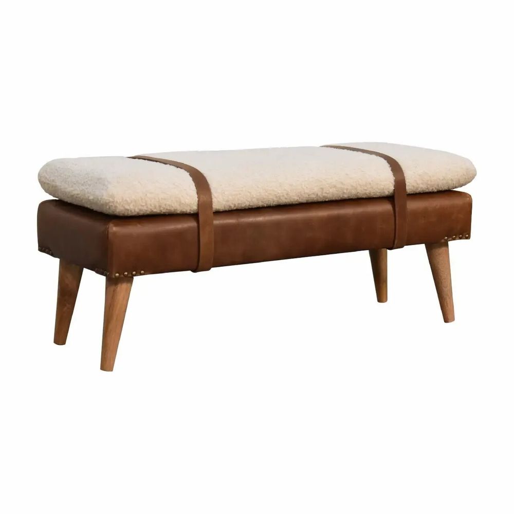 Bancs - Artisan Furniture en bois massif Rembourré Bouclé Buffalo Hide Leather Banc, Beige - ARTISAN FURNITURE