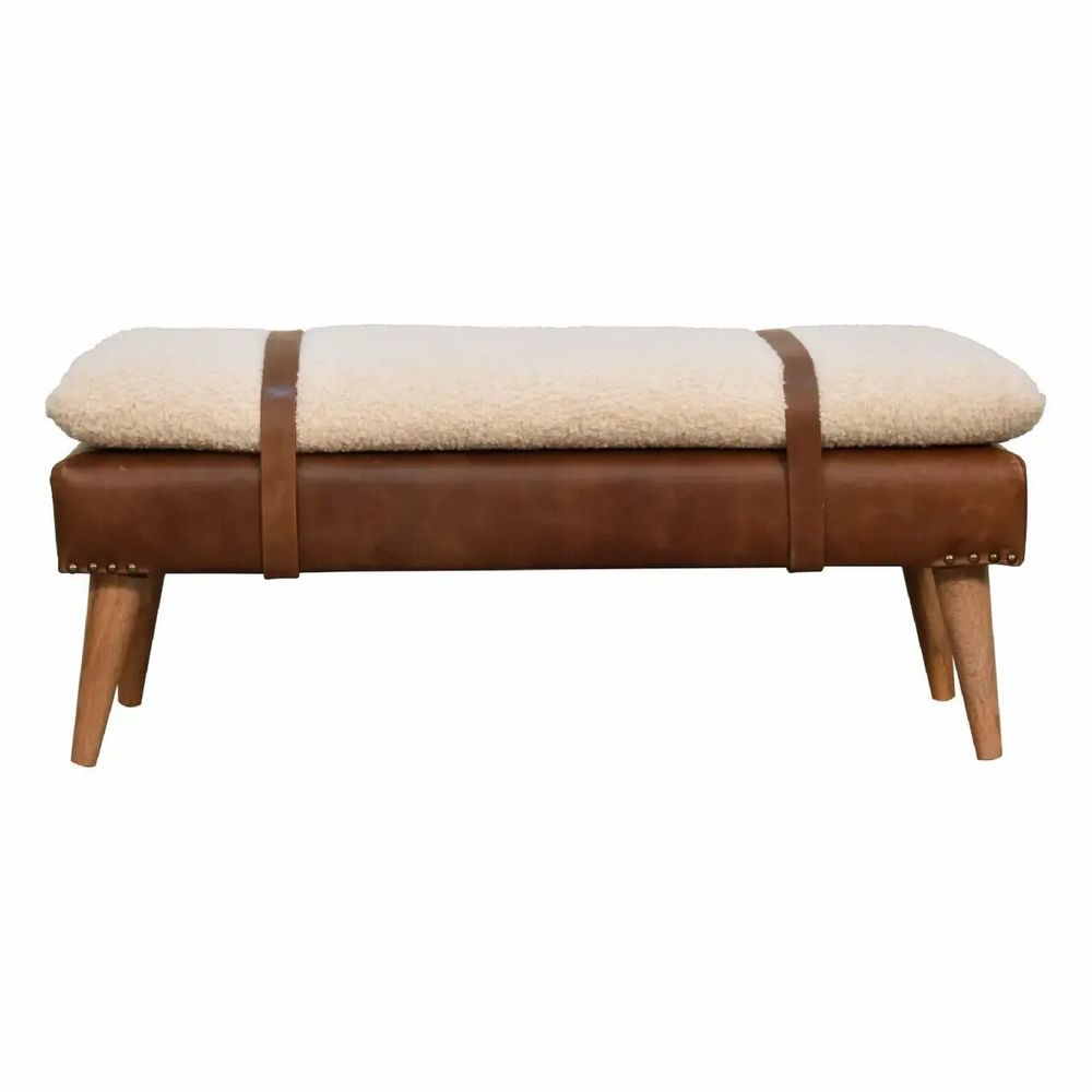 Bancs - Artisan Furniture en bois massif Rembourré Bouclé Buffalo Hide Leather Banc, Beige - ARTISAN FURNITURE