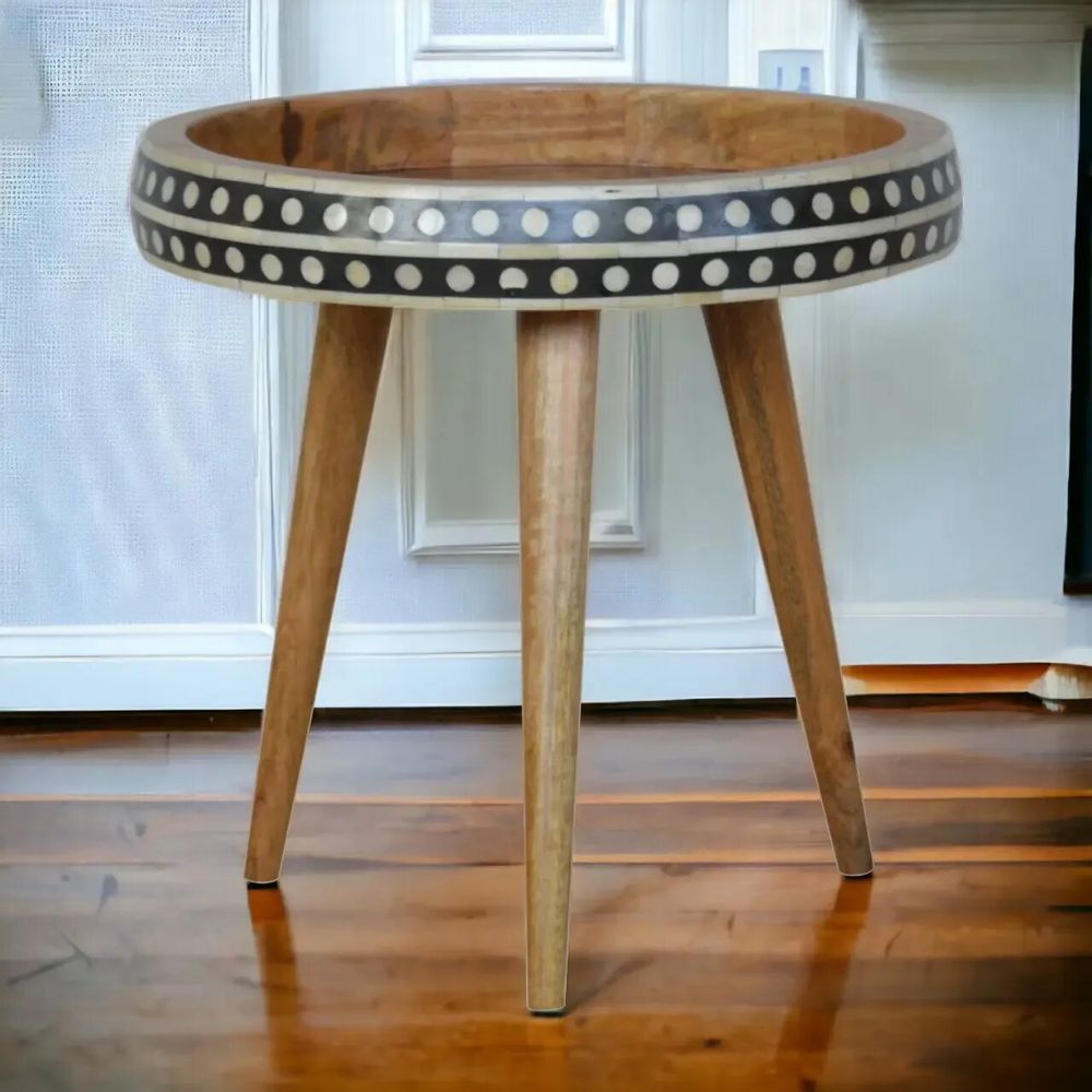 Other tables - Artisan Furniture Solid Wood Small Dotted Bone Inlay Pattern End Table, Open Storage, Beige - ARTISAN FURNITURE