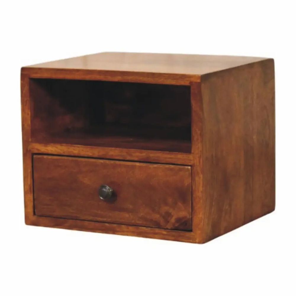 Night tables - Artisan Furniture Solid Wood Solis Wall Mounted Nightstand, 1 Drawer and Open Slot, Chestnut, Dark Brown - ARTISAN FURNITURE