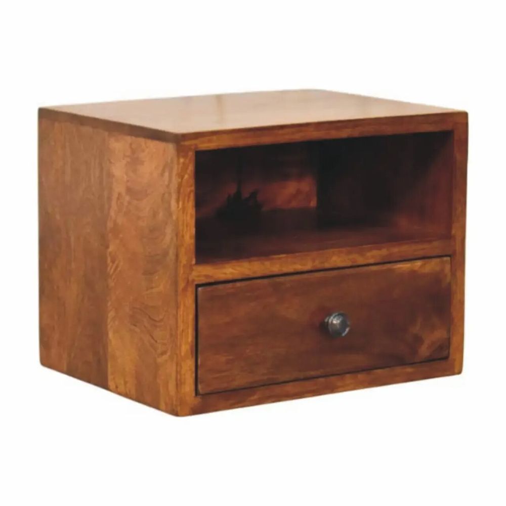 Night tables - Artisan Furniture Solid Wood Solis Wall Mounted Nightstand, 1 Drawer and Open Slot, Chestnut, Dark Brown - ARTISAN FURNITURE