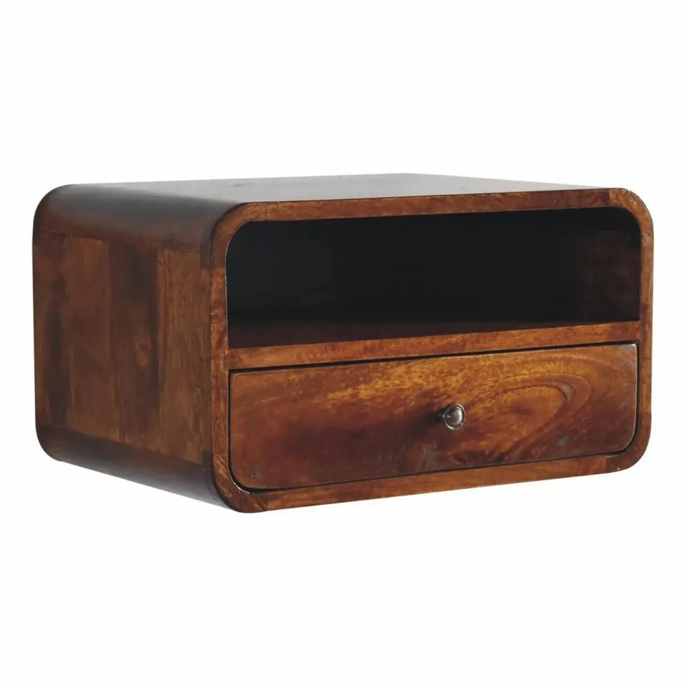 Night tables - Artisan Furniture Solid Wood Large Chestnut Curve Floating Nightstand, 1 Drawer and Open Slot, Dark Brown - ARTISAN FURNITURE