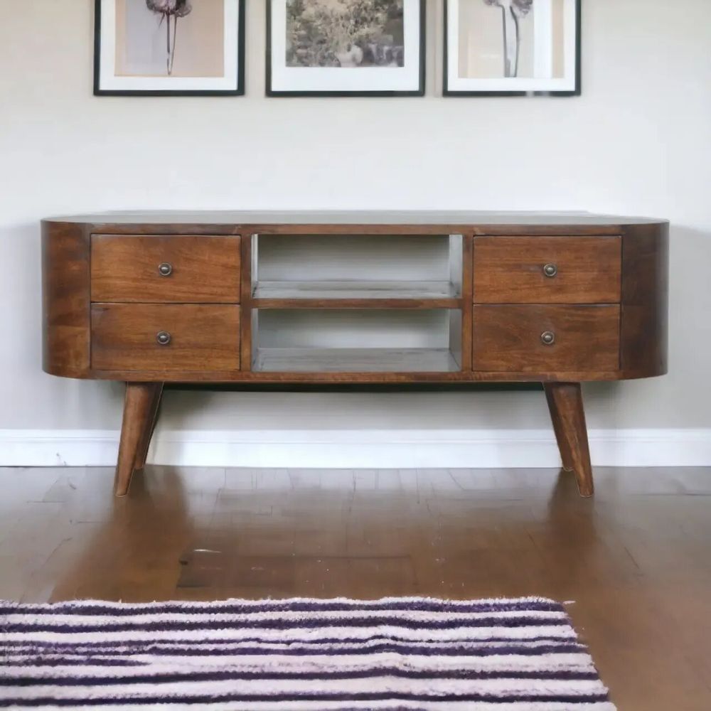 Meubles TV - Artisan Furniture Meuble TV Arrondi en Châtaignier, 4 Tiroirs, 2 Fentes Ouvertes, Marron Foncé - ARTISAN FURNITURE