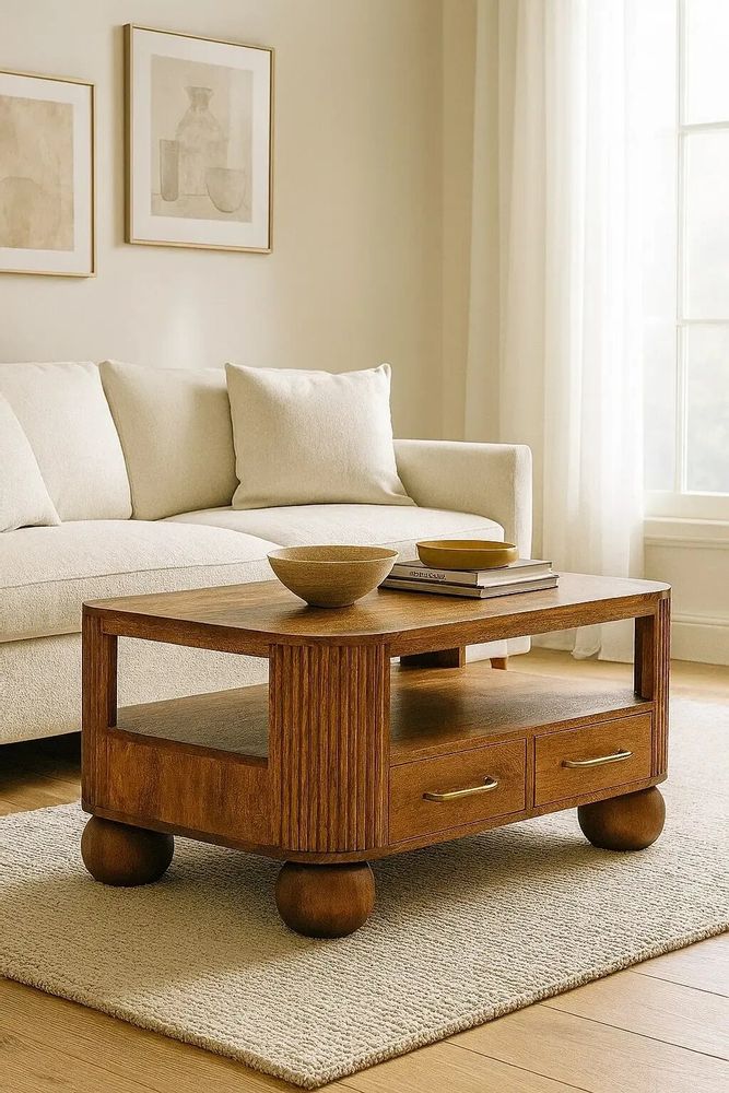 Coffee tables - Artisan Furniture Solid Wood Briarwood Fluted Coffee Table, 2 Drawers, 1 Shelf, Brown - ARTISAN FURNITURE