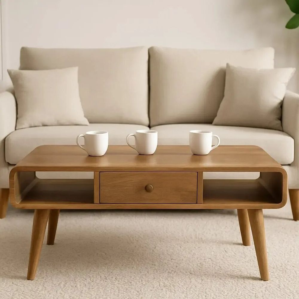 Coffee tables - Artisan Furniture Solid Wood Curved Oak-ish Coffee Table, 2 Drawers and 2 Open Slots, Brown - ARTISAN FURNITURE