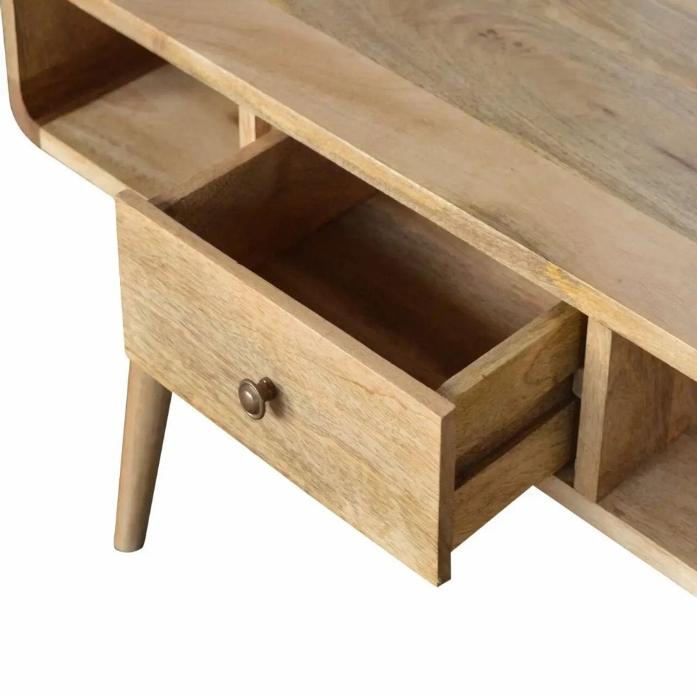 Coffee tables - Artisan Furniture Solid Wood Curved Oak-ish Coffee Table, 2 Drawers and 2 Open Slots, Brown - ARTISAN FURNITURE