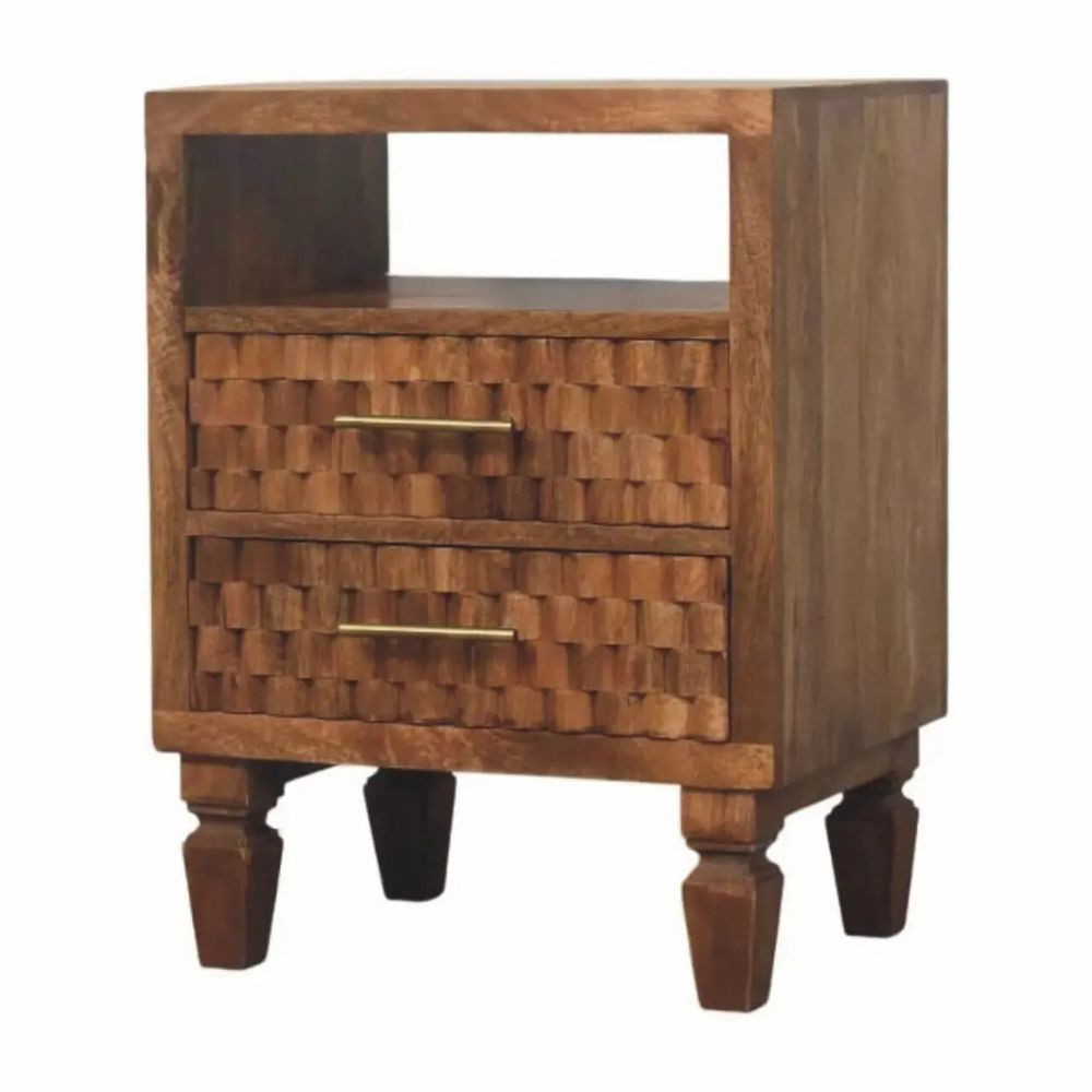Night tables - Artisan Furniture Solid Wood Arno Nightstand in Golden Teak, 2 Drawers, 1 Open Slot, Brown - ARTISAN FURNITURE