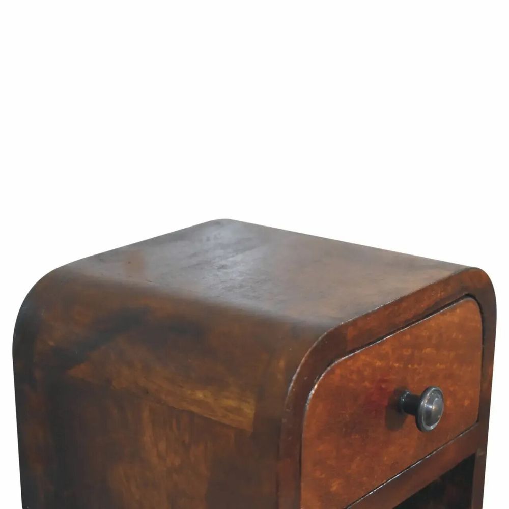 Night tables - Artisan Furniture Solid Wood Extra Mini Curved Chestnut Nightstand, 1 Drawer and Open Shelf, Dark Brown - ARTISAN FURNITURE