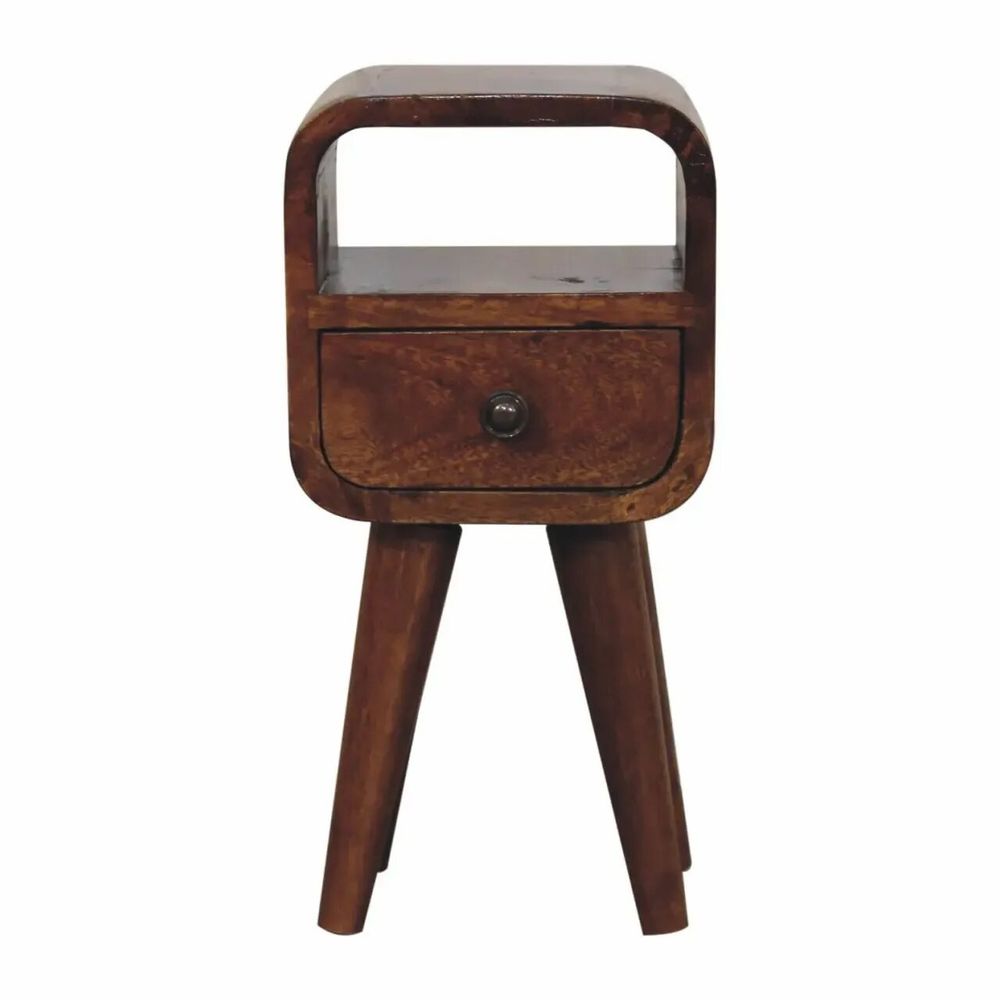 Night tables - Artisan Furniture Solid Wood Extra Mini Curve Nightstand, Open Slot and 1 Drawer, Chestnut, Nordic Legs, Dark Brown - ARTISAN FURNITURE