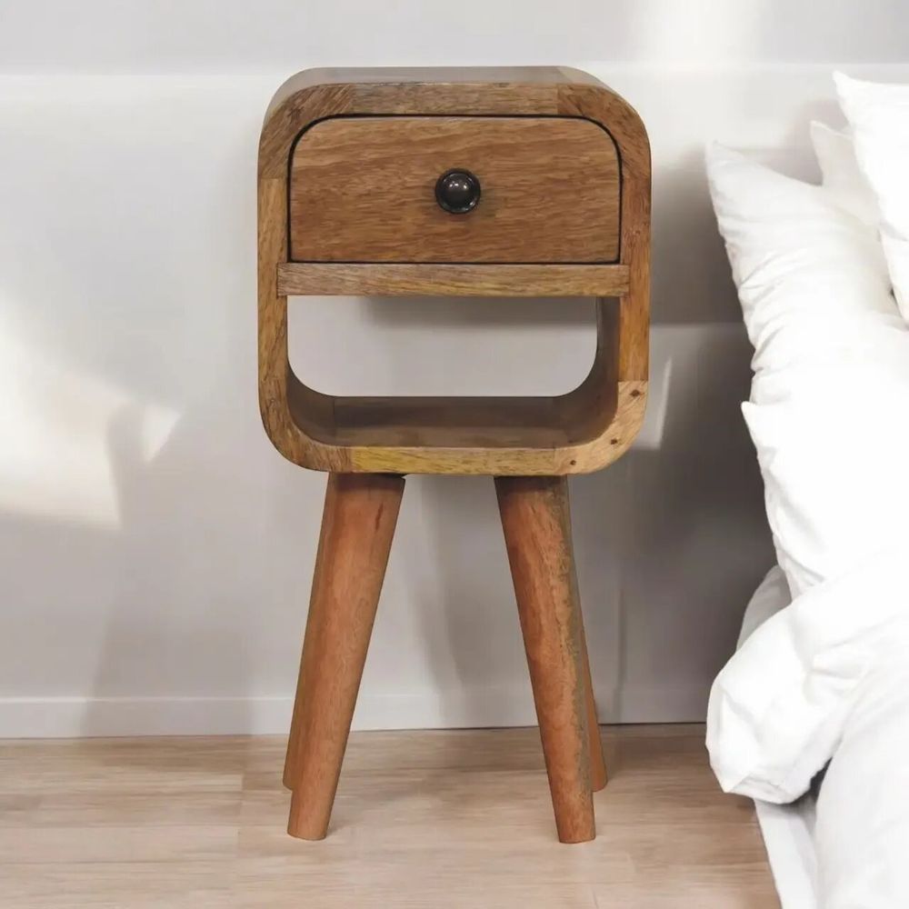 Night tables - Artisan Furniture Solid Wood Extra Mini Oak-ish Curve Lower Nightstand, 1 Drawer and Open Slot, Brown - ARTISAN FURNITURE