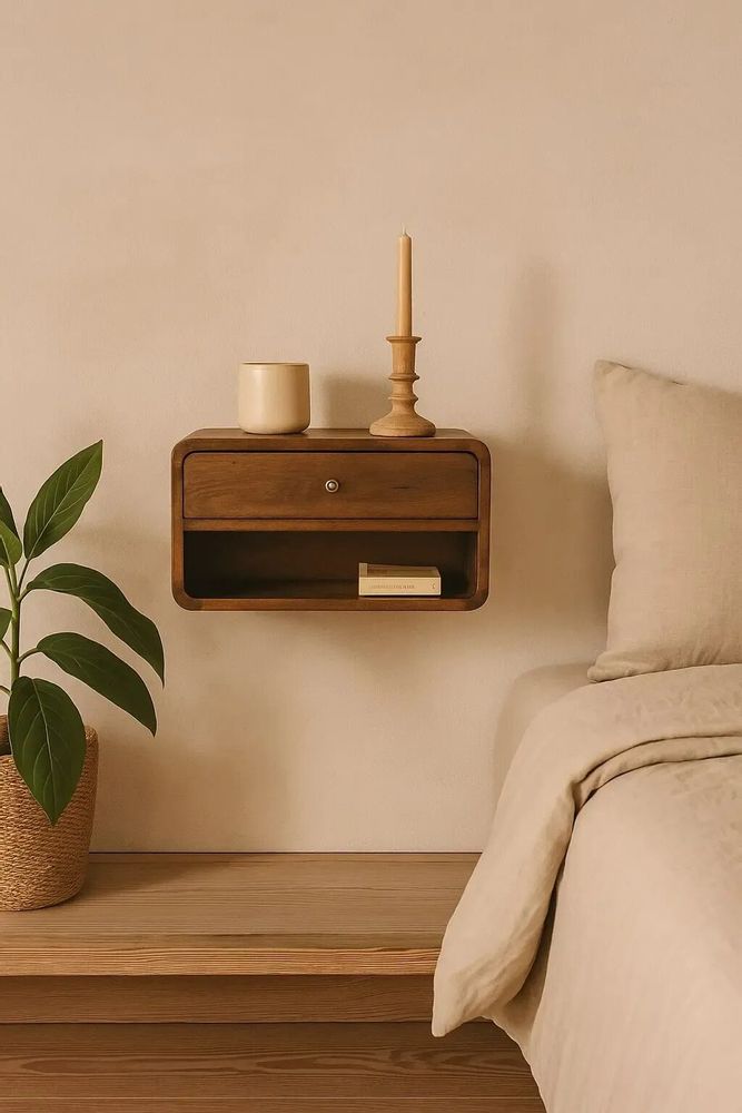 Tables de nuit - Artisan Furniture Table de Nuit Murale Courbe en Châtaignier, 1 Tiroir et Étagère Ouverte, Marron Foncé - ARTISAN FURNITURE