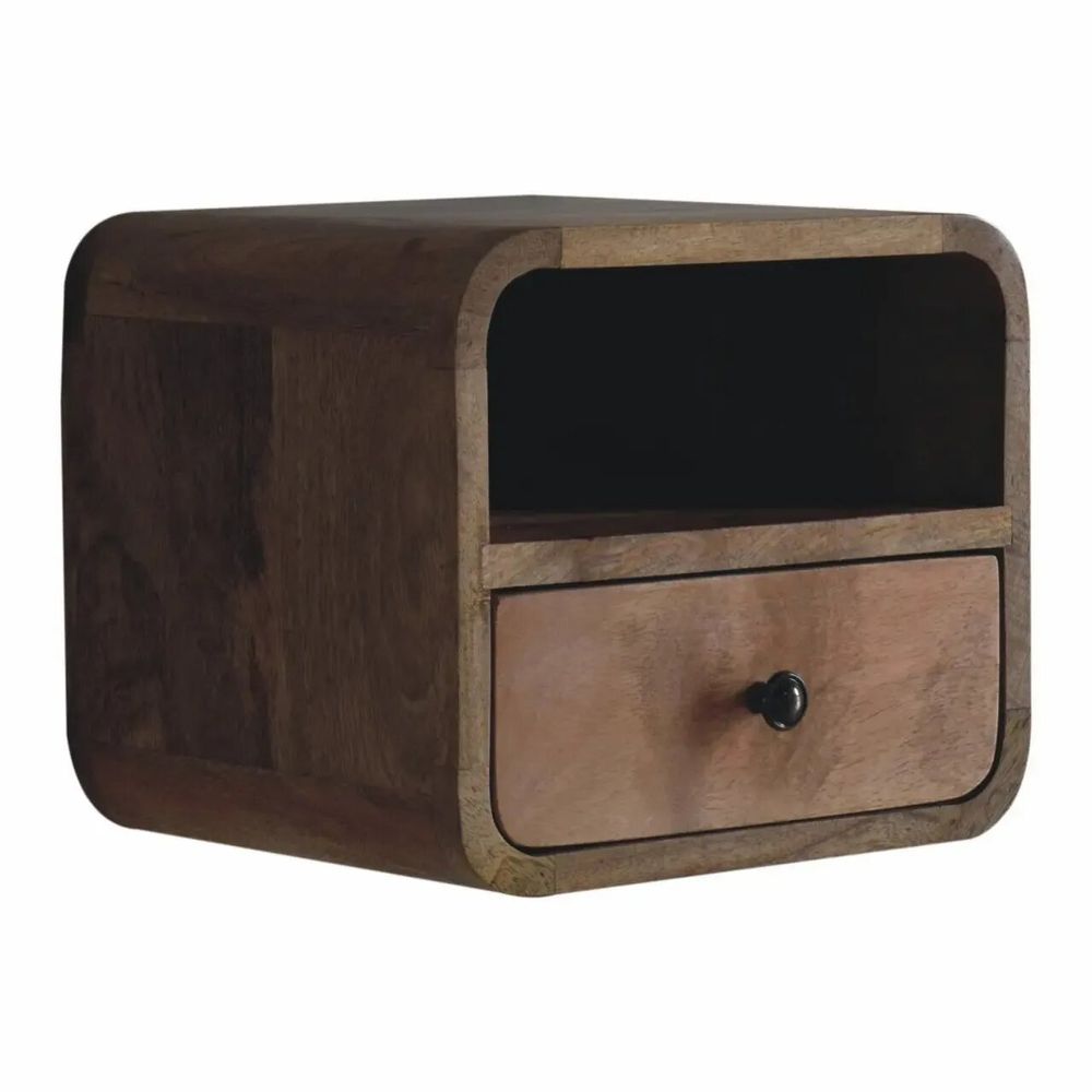 Night tables - Artisan Furniture Solid Wood Extra Mini Wall Mounted Curved Oak-ish Nightstand with Open Slot, 1 Drawer, Brown - ARTISAN FURNITURE