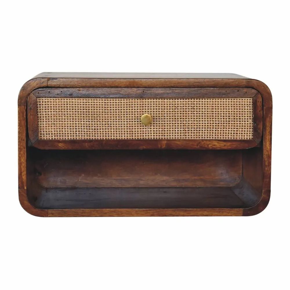 Night tables - Artisan Furniture Solid Wood Chestnut Wall Mounted Open Woven Nightstand, 1 Drawer, 1 Shelf, Dark Brown - ARTISAN FURNITURE