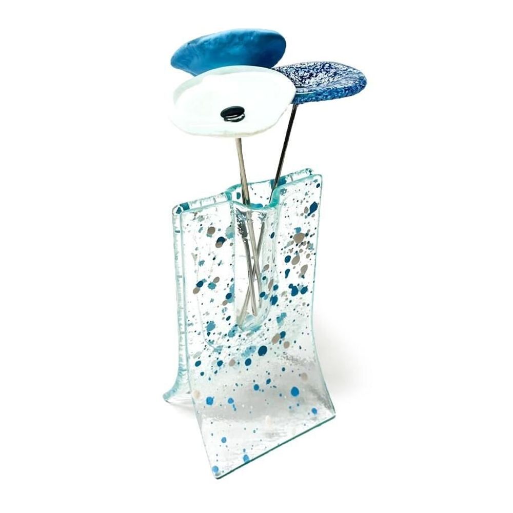 Vases - Vase à pois bleu-blanc clair orné de 3 fleurs - CARNEOL GLASS